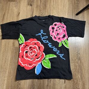 Gitano Black Tee with Red and Pink Floral Design